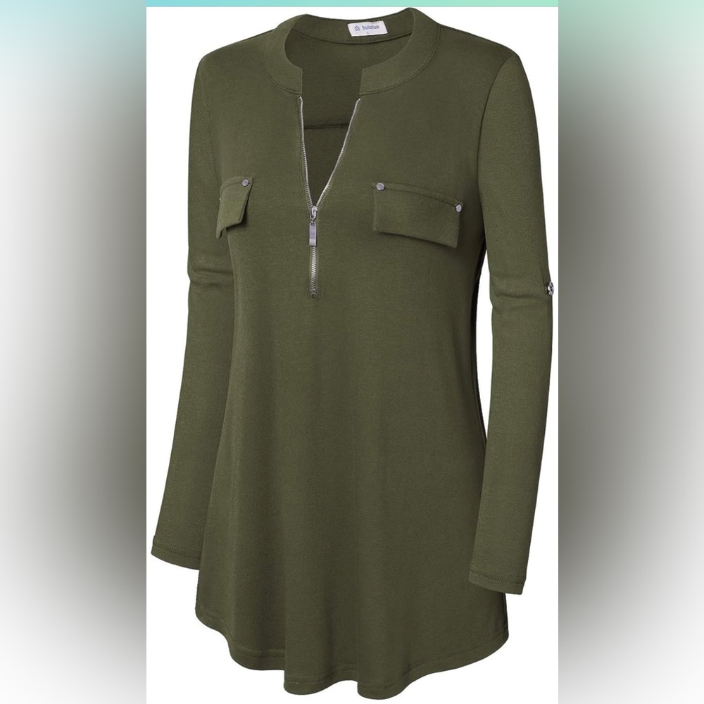 NWT Bulotus Women's Zip Front V-Neck 3/4 Sleeve Tunic Casual Top Army Green